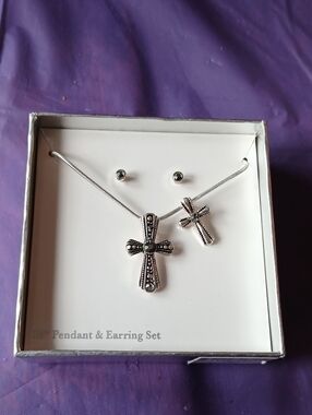 Silver Cross Pendant and Earring Set - Silver